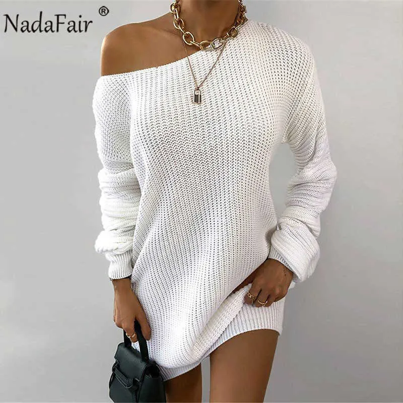 Nadafair lanterne manches décontracté robe pull femmes Sexy hors de l'épaule Mini solide robe tricotée hiver à manches longues blanc Y1006