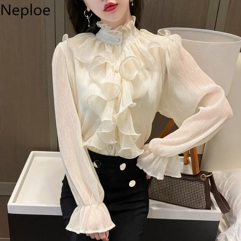 Neploe vintage blouse vrouwen chic ruches flare mouw shirts tops chiffon elegante witte blouses blusas mujer de modu 4h347 210422