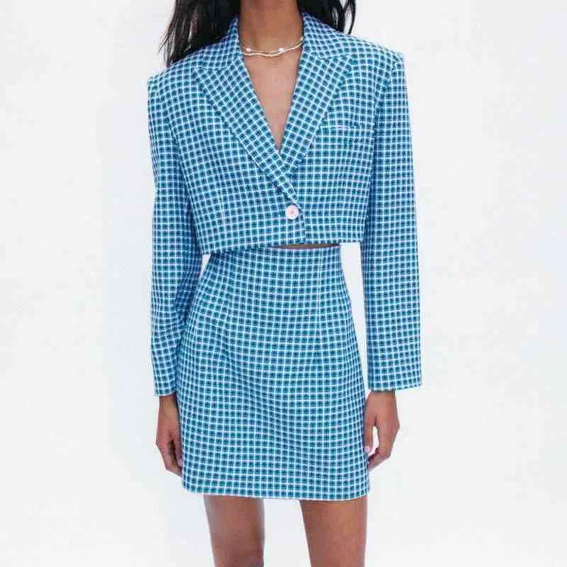 Za Fashion Women' Set Blue Plaid Cropped Blazer Skirt Set Long Sleeve Tops And High Waist Skirt Chic Female Suit 210708