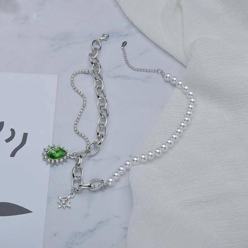 Pendant Necklaces ALLME Green Color CZ Stone Necklace For Women Lady Hollow Chunky Chain Faux Pearls Beaded Chokers Gifts