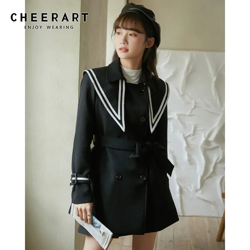 Save Big on Bulk Black Double Breasted Trench Coat Navy Blue Trench Coat  Womens Double Breasted Sailor Collar Coat Autumn Winter Fashion Outerwear 