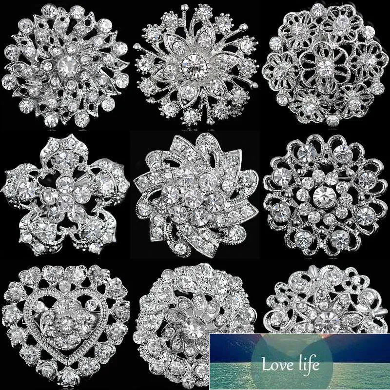 Rinhoo Cristal Prata Banhado Flor Brooches Rhinestone Broche Pins Mulheres Homens Festa de Casamento Banquete Buquê Buquê Bocalho Jóias Preço de Fábrica Preço Qualidade