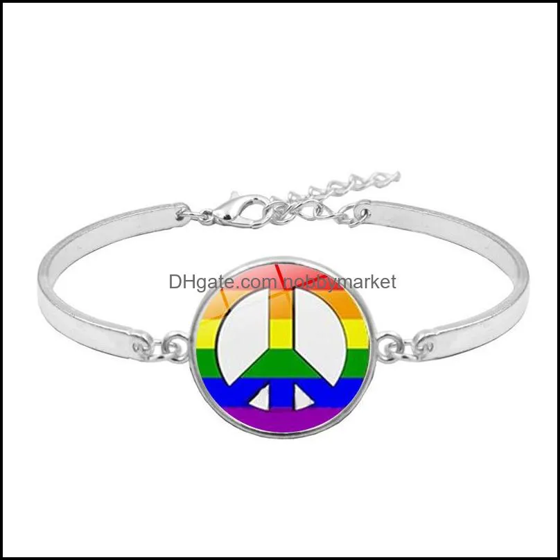 2020 Gay Lesbian Pride Rainbow Sign Bangle For Wome Mens Round Glass charm bracelet Fashion Friendship LGBT Jewelry in Bulk