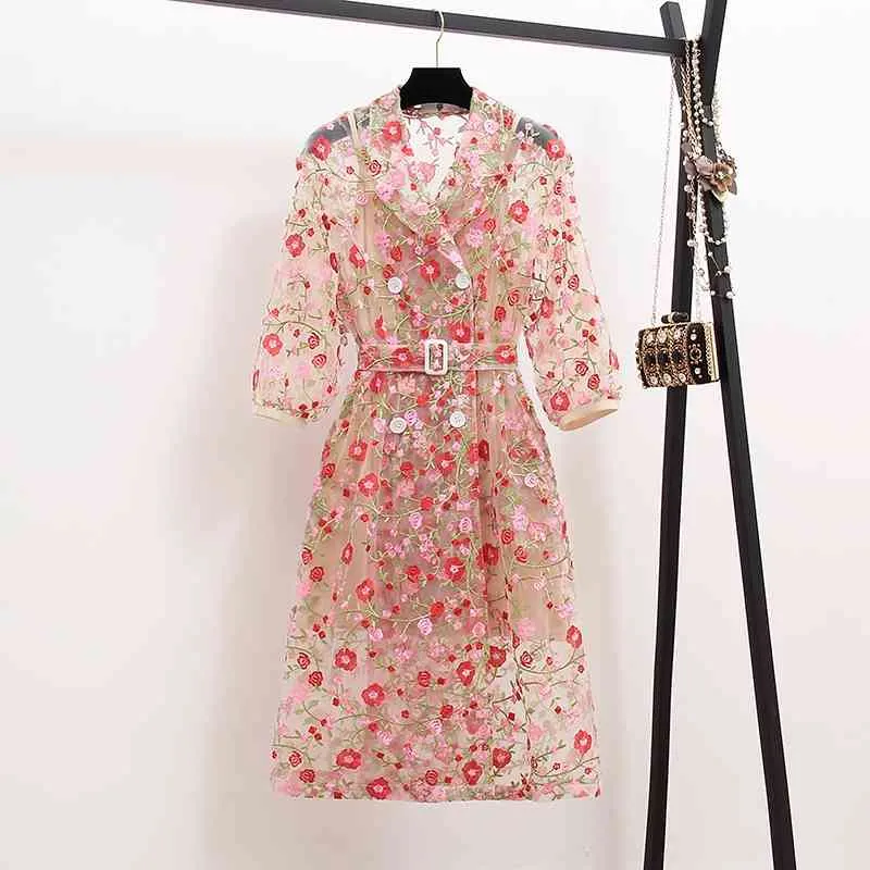 Vintage Gauze Flower Embroidery Overlay Trench Women Double-Breasted Notched Lantern Sleeve Belt Mesh Long Coat Outerwear 210416