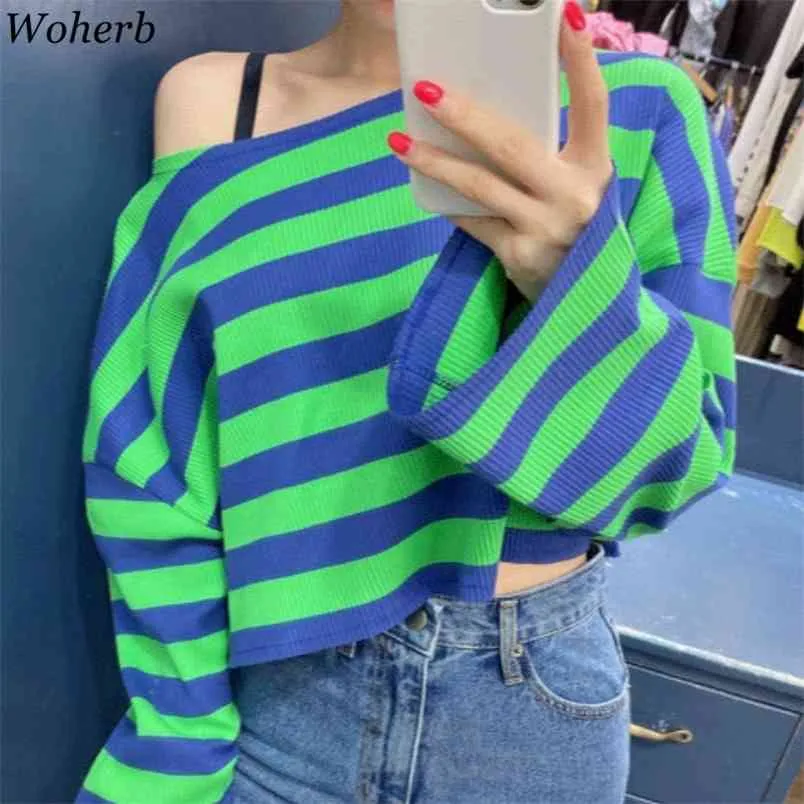 Kvinnor T-shirts Korean Off Shoulder Basic Långärmad Tees Shirt Loose Streetwear Contrast Färg Striped Casual Toppar 210519