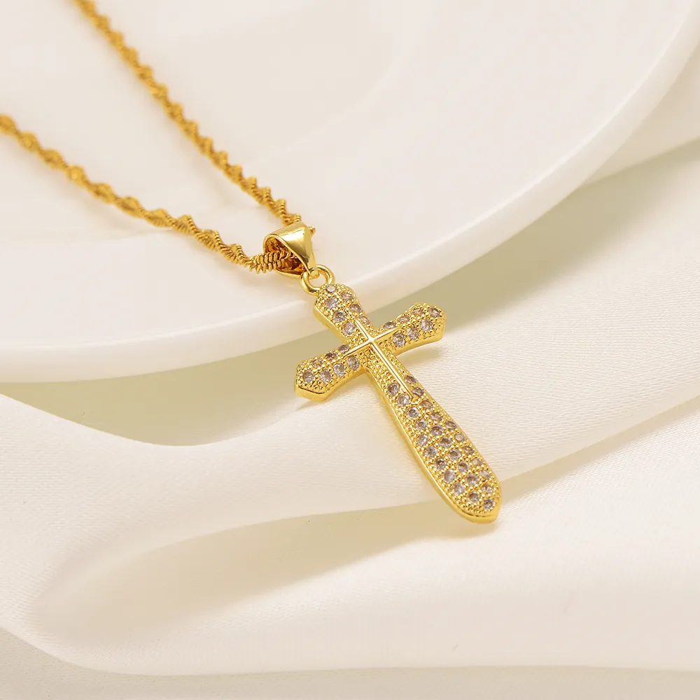 Collana da uomo con croce e ciondolo a forma di croce in oro giallo 18 carati con catena GF, collana con gemme di cristallo