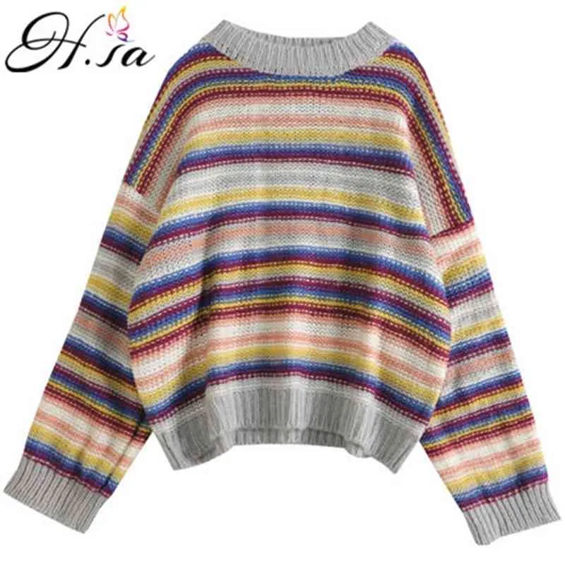 H.SA herfst winter vrouwen mode pull gestreepte kleurrijke jumpers flare mouw regenboog chique meisjes trui oversize 210417