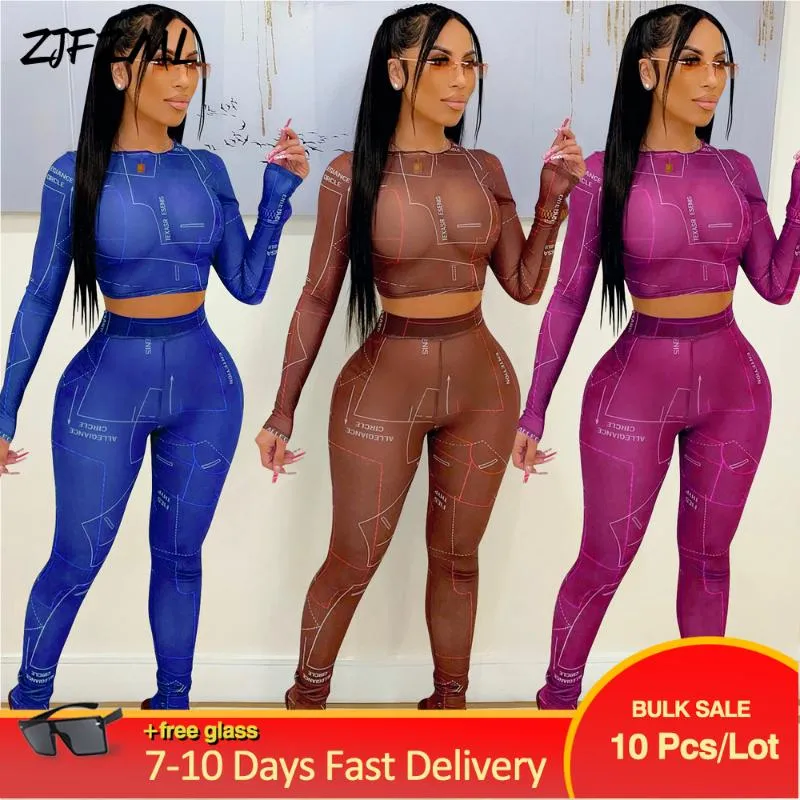 Women's Two Piece Pants Wholesale Bulk Items Lots Midnight Style Bodycon Outfits Mesh Transparent Full Sleeve Crop Top+skinny Trouser Co Ord