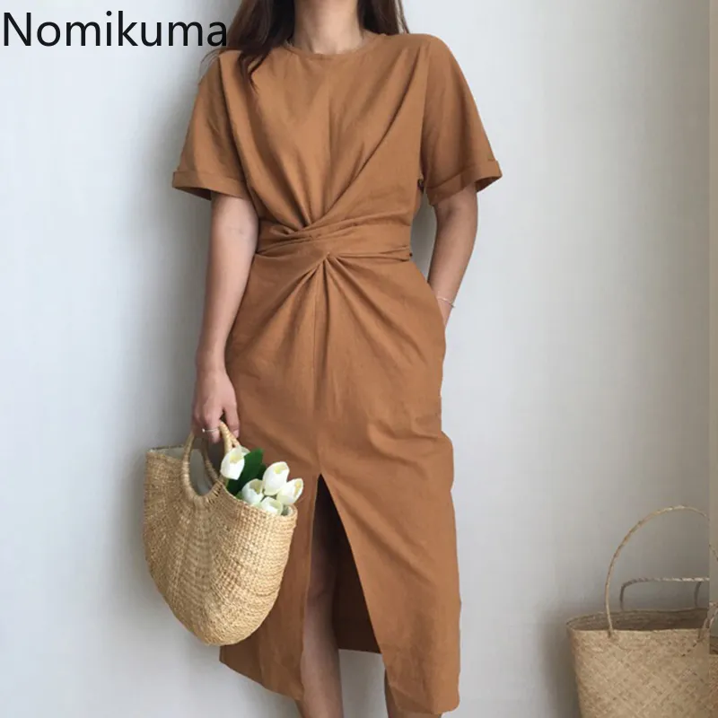 Nomikuma Koreanische Mode Weiß Baumwolle Verband Kleid Einfarbig Kreuz Design Schlanke Taille Spitze Up Kleider Frauen Sommer 3a328 210514