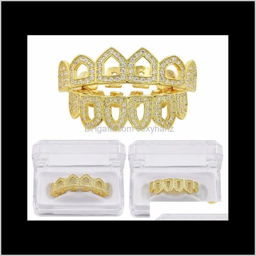 Grillz ، Dental Body Jewellry Drop Drop Drose 2021 Iced Out Grillz Micro Pave CZ Pure Gold Color Poot Bottom Six 6 Open Face Iced
