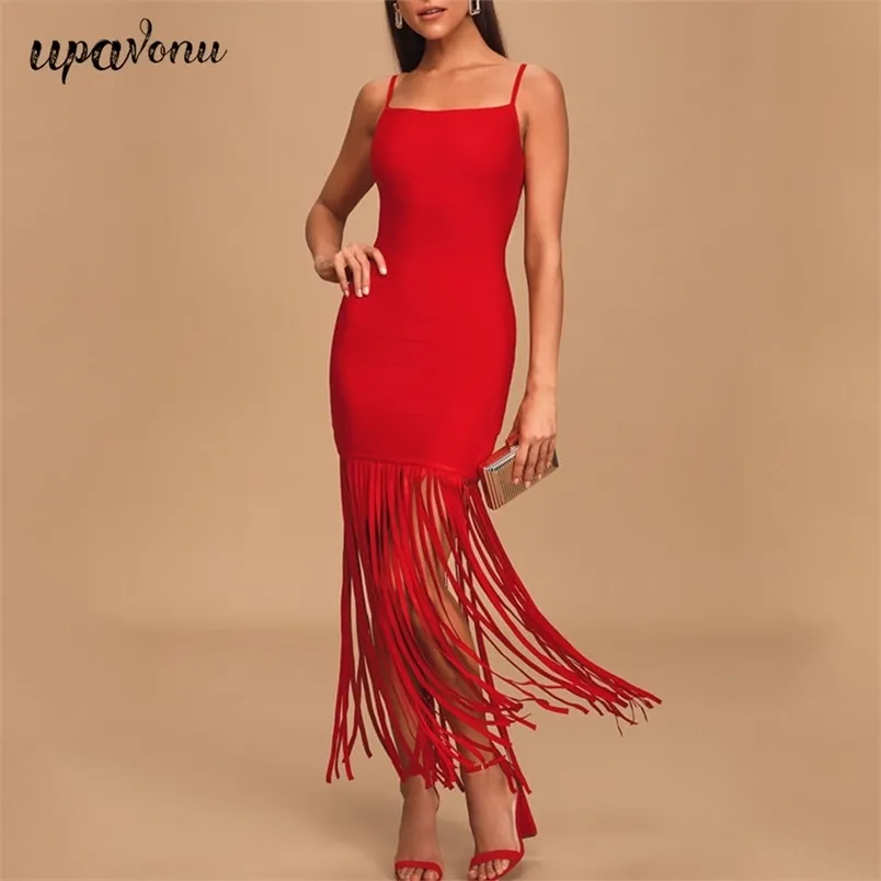 Ücretsiz kadın saçaklı bandaj elbiseler kırmızı seksi spagetti kayışı kolsuz bodycon kulübü parti vestidos 210524