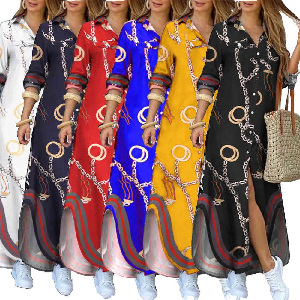 54L0320 2021 NEUE Frühjahr Frauen Casual Mode Hause Drucken Langarm Hemd Kleid Vestidos Plus Größe Heißer X0521
