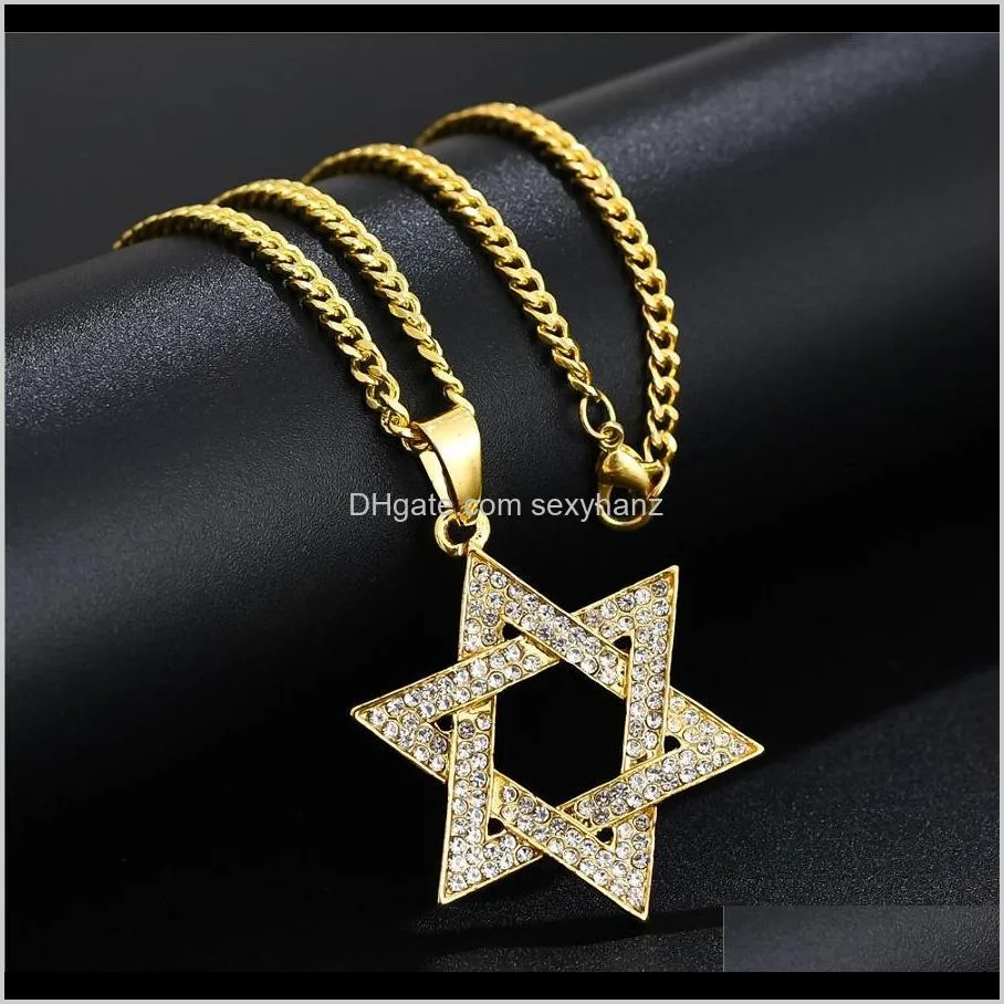 unique hot magen star of david pendant necklace men women hip hop jewelry full rhinestone fashion 60cm long chain gold trendy punk