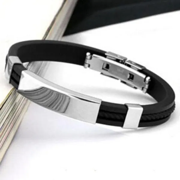 Men's Women's Cool Stainless Steel Rubber Wristband Bangle Clasp Cuff Bracelet Q0719