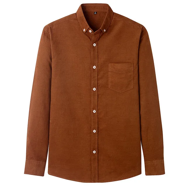 Mens casual corduroy skjorta ren bomull långärmad brun tjock vinter vanlig passform modell manlig knapp ner skjortor xxl