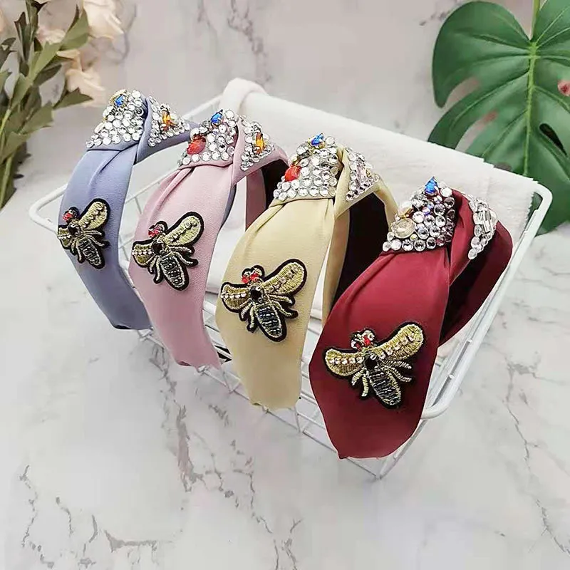 Fashion Rhinestone Bees Headwear Hairband Headband For Women Wide Side Bohemia Turban Flower Hair Accessories