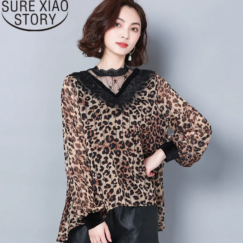Mode lente luipaard-print lange lange mouwen V-hals chiffon shirt vrouwen openwork kanten sexy tops plus size 2323 50 210415