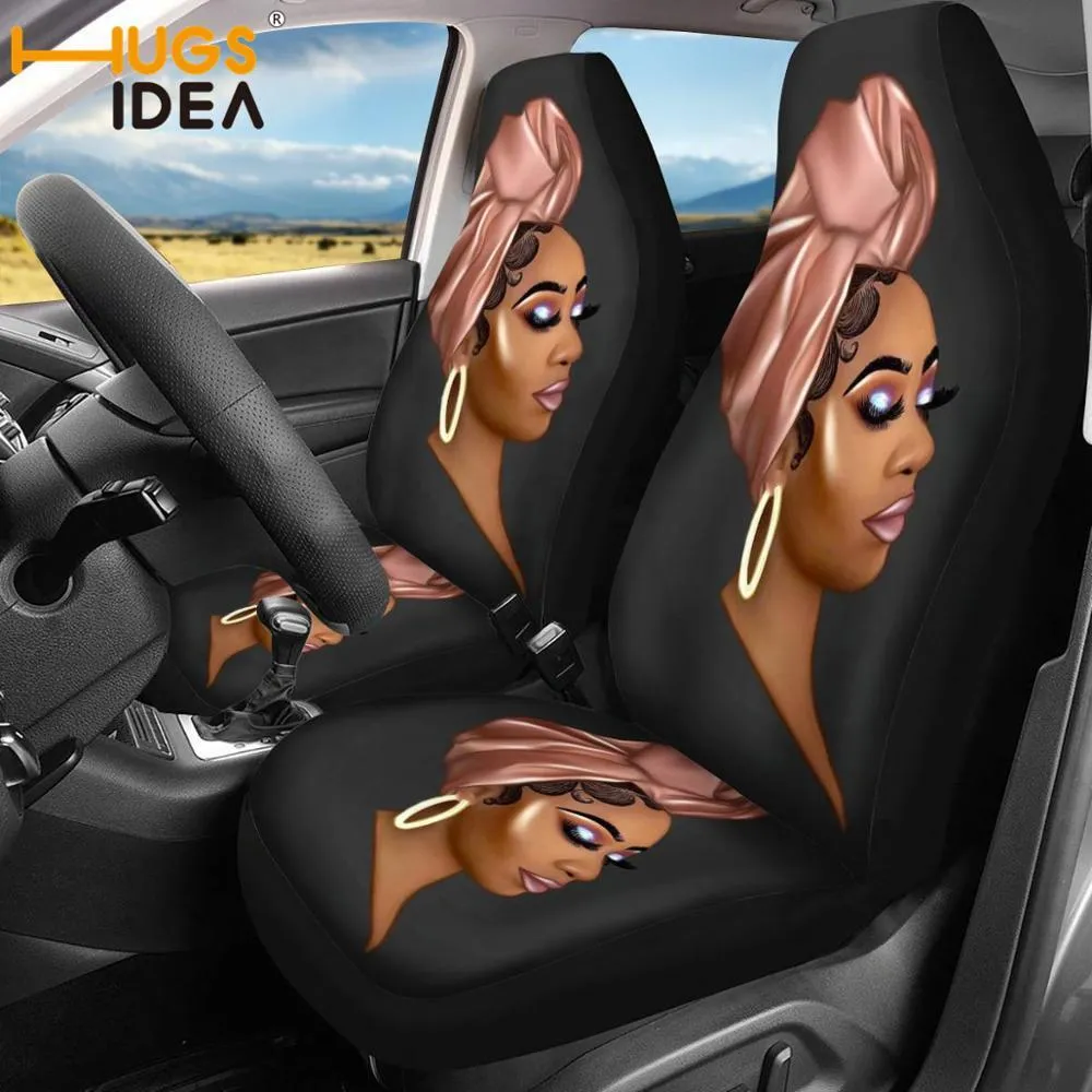 Hugsidea Black African Afro Girls Print 2st Car Auto SUV COVERS Durable Universal Comfort Vehicle Sits Protector Kudde