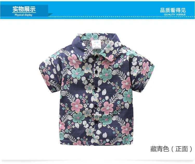 2-10 Years Birthday Kids Clothes Summer Fashion Cotton Flower Floral Print Short Sleeve Turn Down Collar Boys Floral Shirt (2)