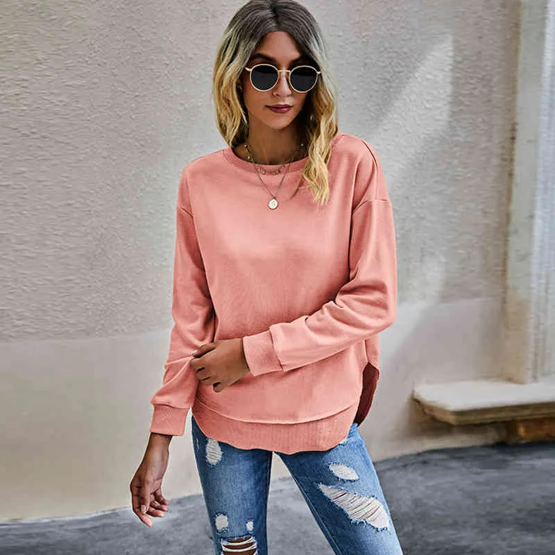 Höst mode solida kvinnor hoodies casual o neck långärmad patchwork oregelbundna lösa sweatshirts damer rosa pullover toppar 210507