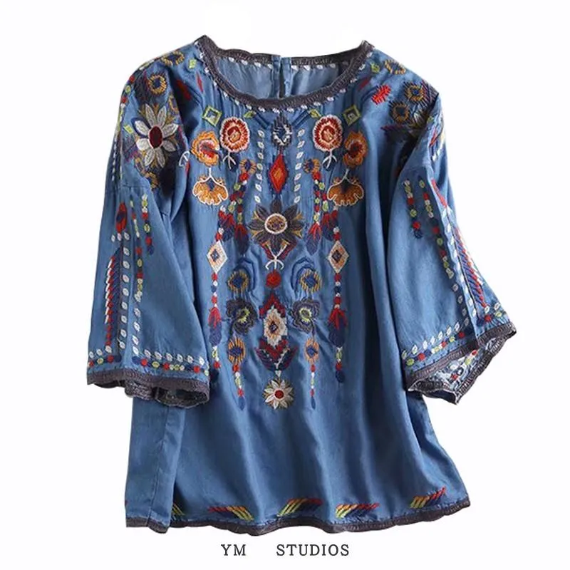 Women's Exotic National Flavor Heavy Industry Embroidery Flower Denim Shirt Early 2021 Holiday Style Blouse -04 Blouses & Shirts