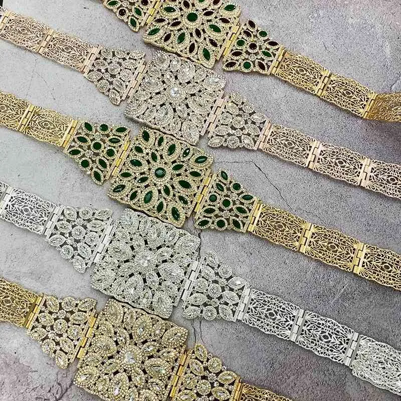 Cintura da caftano tradizionale marocchina da donna, grande, a vita larga, con strass di diamanti e strass impreziosita da fiori cavi