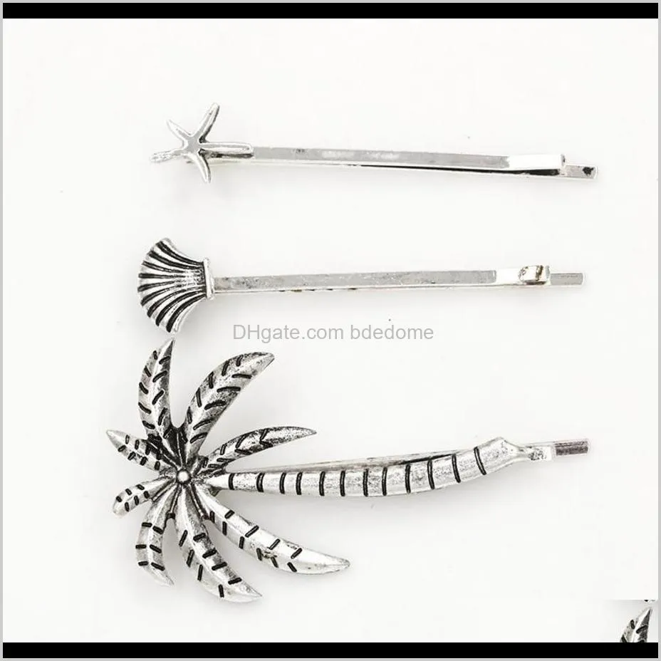 beach stlye coconut tree starfish seashell 1 shape hairpin gold or silver plated for women hair clip gift 3pcs/set