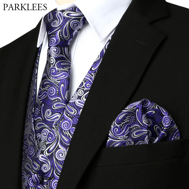 Purple Paisley Floral Jacquard 3pcs Vest+Tie+Handkerchief Set 2019 Slim Fit Male Tuxedo Vest For Party Wedding Gilet Homme