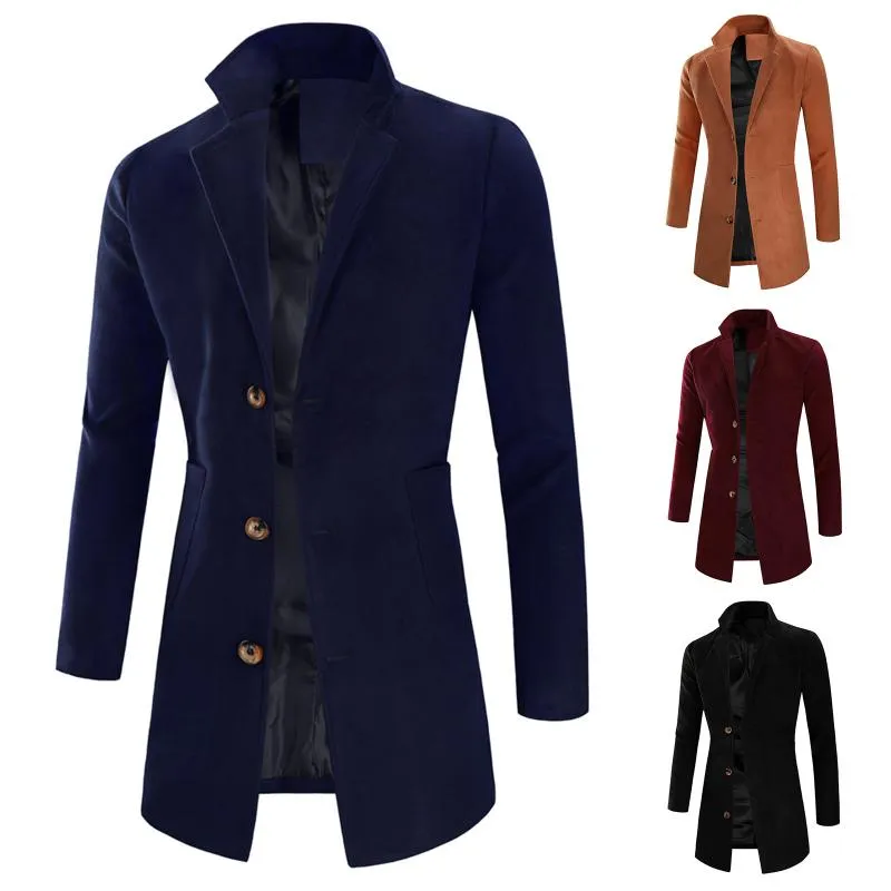 Mensgravrockar Plus -storlek Hösten Vinter Casual Medium Längd Vindbrytare Stand Collar Single Breasted Wool Coat Förtjockad jacka Outkläder Vindbrytare för män