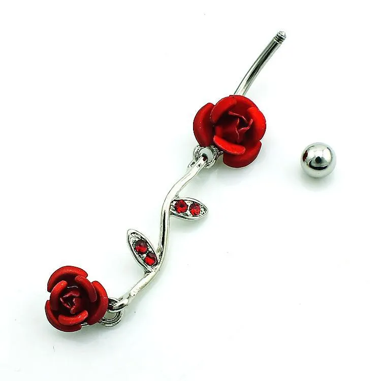 Body Reting Belly Button Pierścienie Modna stal ze stali nierdzewnej sztangę Dangle Red Rhinestone Double Rose Pierścienie pępka