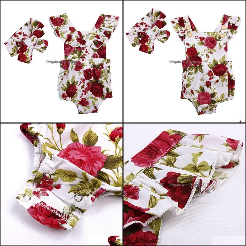 2PC Baby Girl Cute Floral Printed Halter Cotton Sleeveless Romper and Headband Casual Outfits Girls Clothes Set For 6-24M