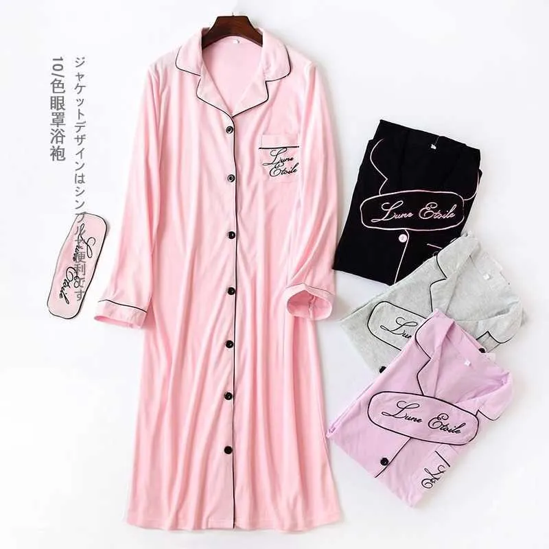 Autumn Womens Robes Sleepwear Cotton Long Nightgown Letter Embroidery Knitted Solid Dressing Gown Bathrobe Batas De Dormir Mujer 210924