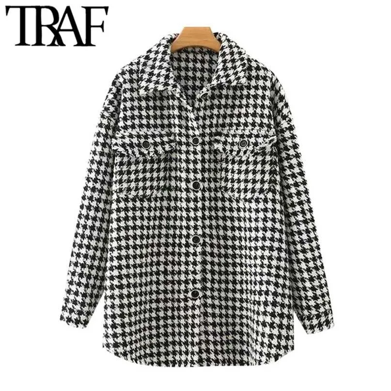 Traf Women Fashion Oversited Houndstooth Tweed Tweed Jacket Coat Vintage Long Rleeve Pockets żeńska odzież wierzchnia elegancka top 211025