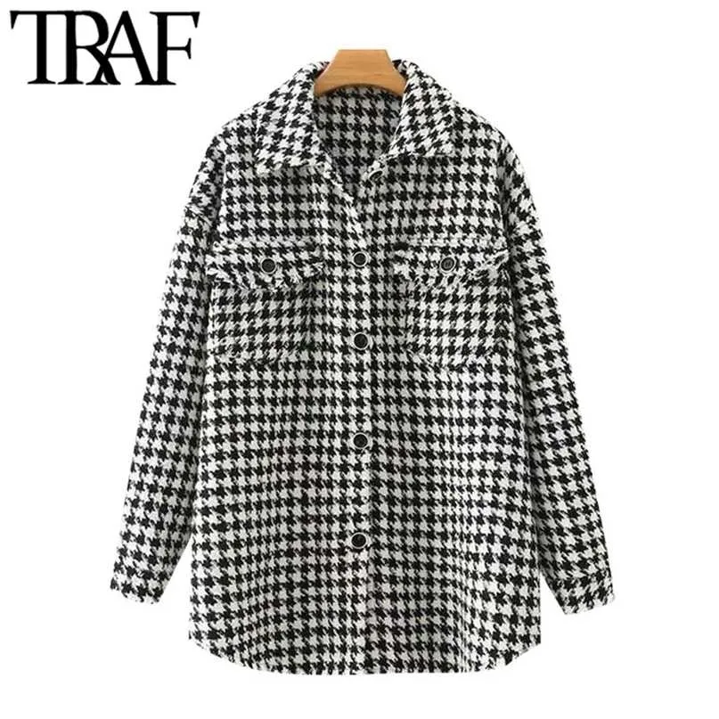 Traf kvinnor mode överdimensionerade houndstooth frayed tweed jacka kappa vintage långärmad fickfickor kvinnliga ytterkläder chic topp 211025