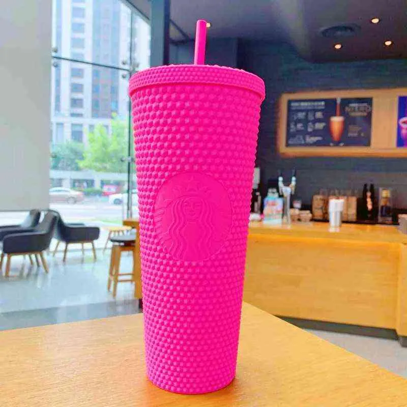 2021 Starbucks Studded Cup Tumblers 710ml Barbie Pink Matte Black Plastic  Mugs with Straw Factory Supply H1102