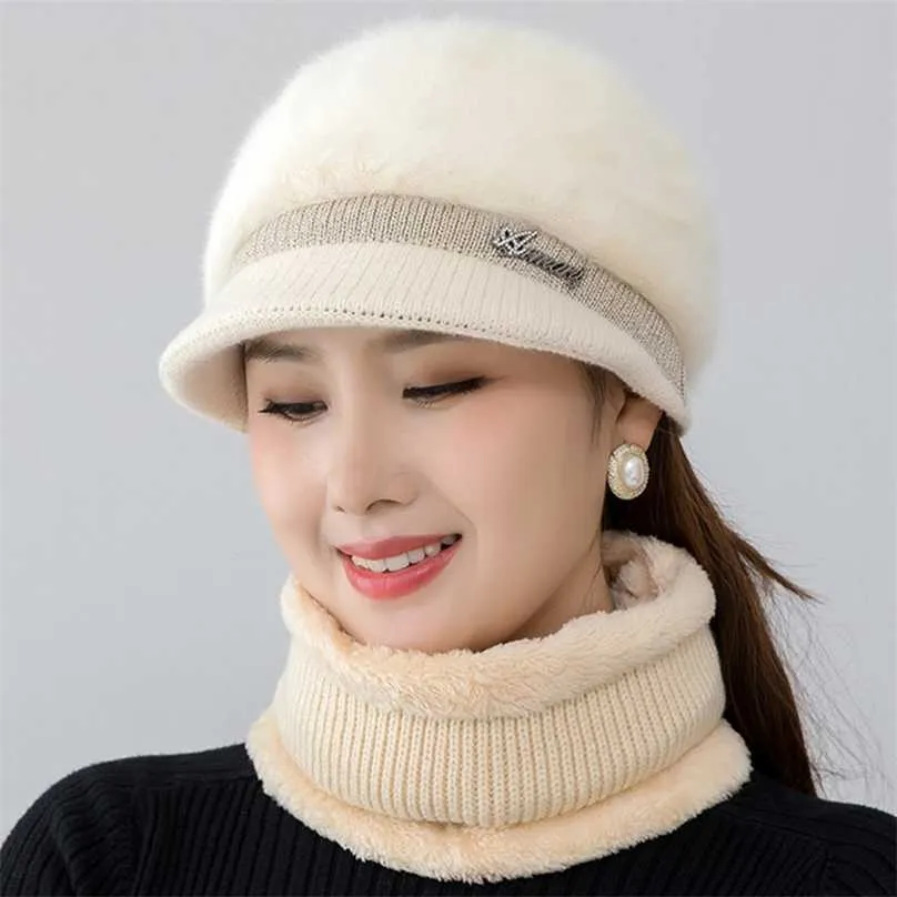 Women Winter Hat Keep Warm Cap Fashion And Scarf Set s For Casual Rabbit Fur Brim Knitted 211119