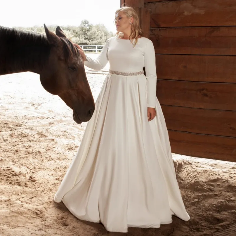 Modest Satin Wedding Dress: Elegant Long Sleeves, O... From  Donnaweddingdress12, $93.29