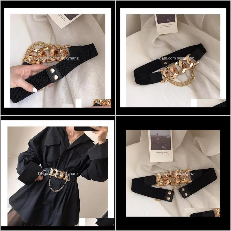 Gold Big chain buckle tassel belts for women coat solid wide elastic waistbands dress black stretch cummerbund party accessories