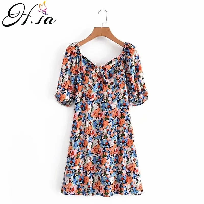 Hsa Boho Floral Imprimer Volants Femmes Robe Été Sexy Col V À Manches Courtes Une Ligne En Mousseline De Soie Mini Robes Plage Vacances Robe D'été 210716