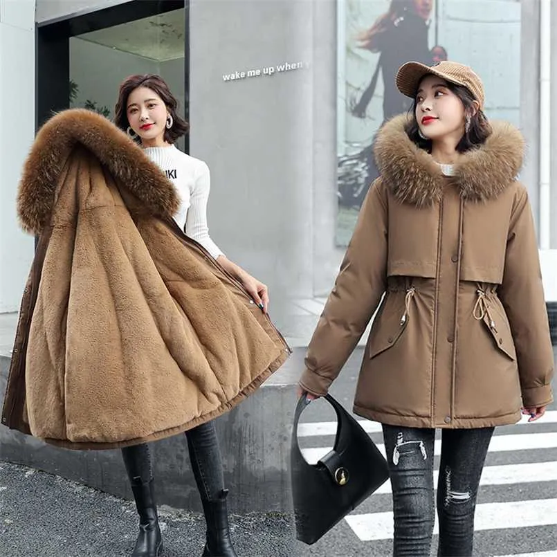 Womens Thickened Down Jacket Winter Warm Coat Korean Mid-length Cotton Fleece Liner Fur Collar Plus Size Parker 211008