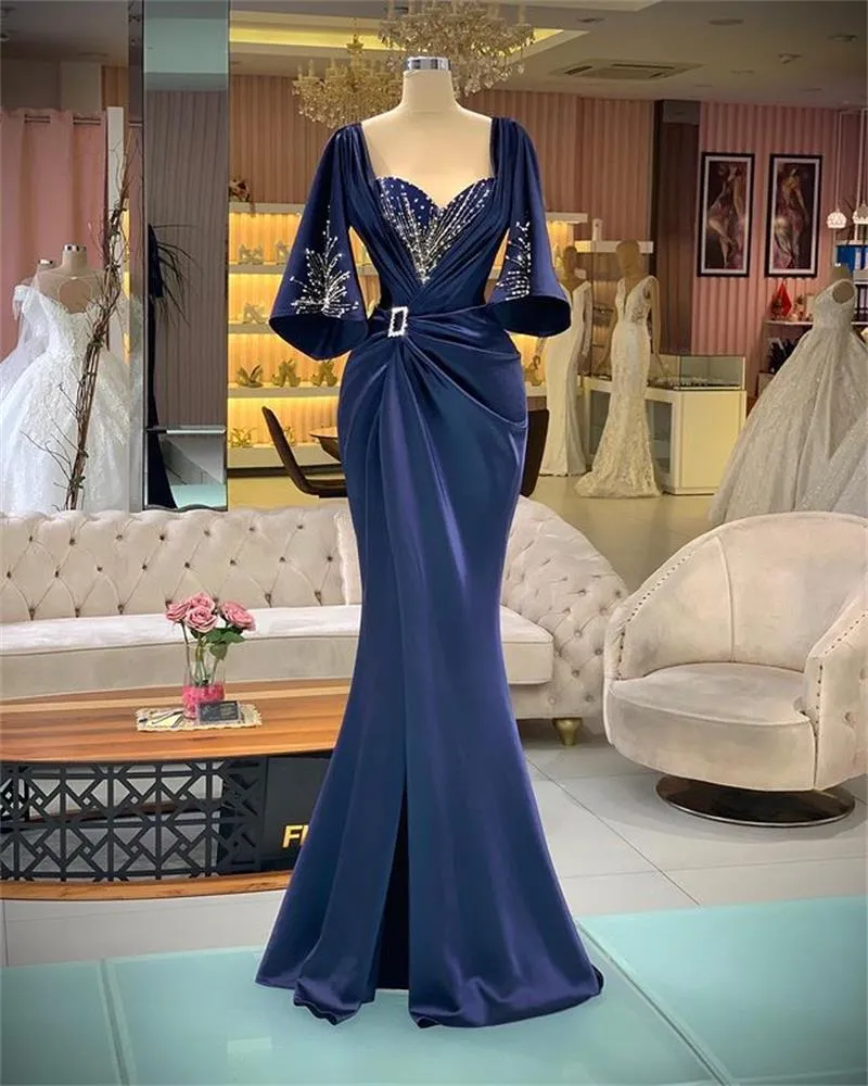 Royal Blue Mermaid 2022 Prom Klänningar Beaded 3/4 Långärmad Satin Split Evenemang Formell Slitage Party Andra mottagningsbyxor