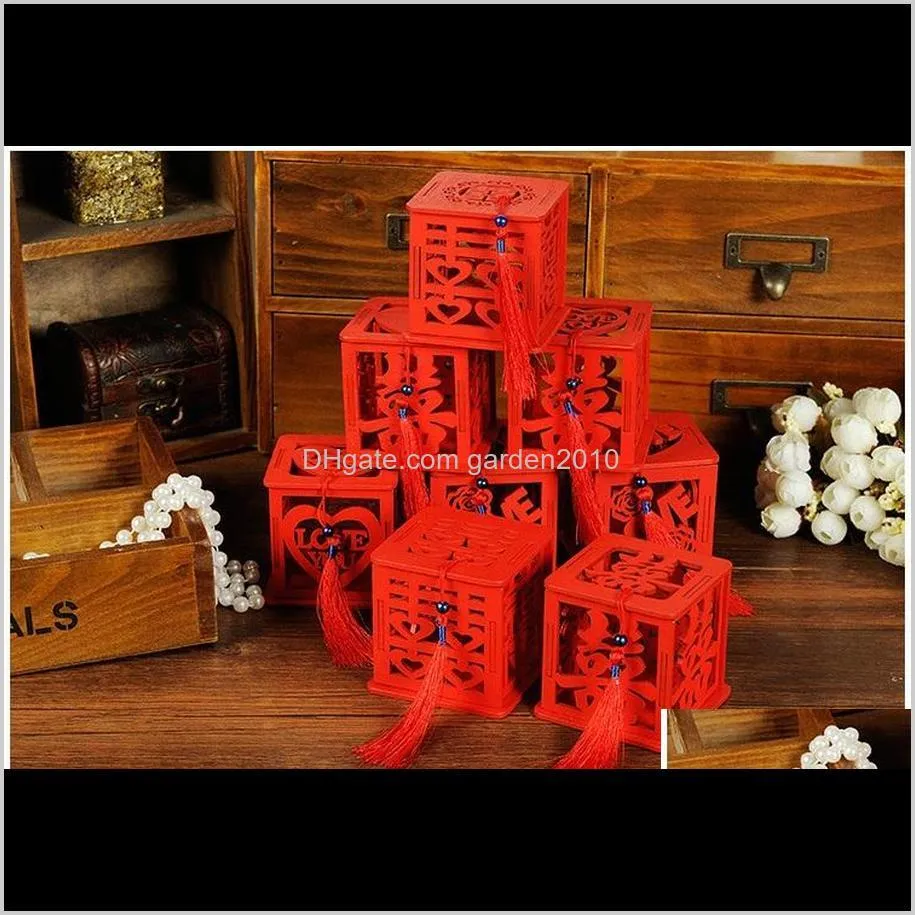 wood chinese double happiness wedding favor boxes candy box chinese red classical hollow sugar case with tassel