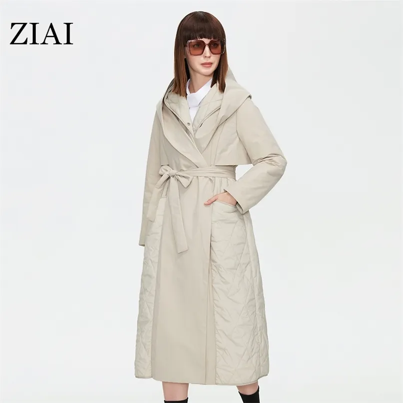 ZIAI Women Autumn Quilted Jacket Female Long Thin Cotton Trench Coat Hooded Hidden Button Belt Elegant Windbreakers ZM-7285 210923