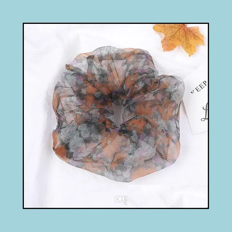 Summer Oversize Organza Scrunchies Women Floral Scrunchie Elastic Hair Bands Girls Headwear Rubber Hair Ties Big Ponytail Holder