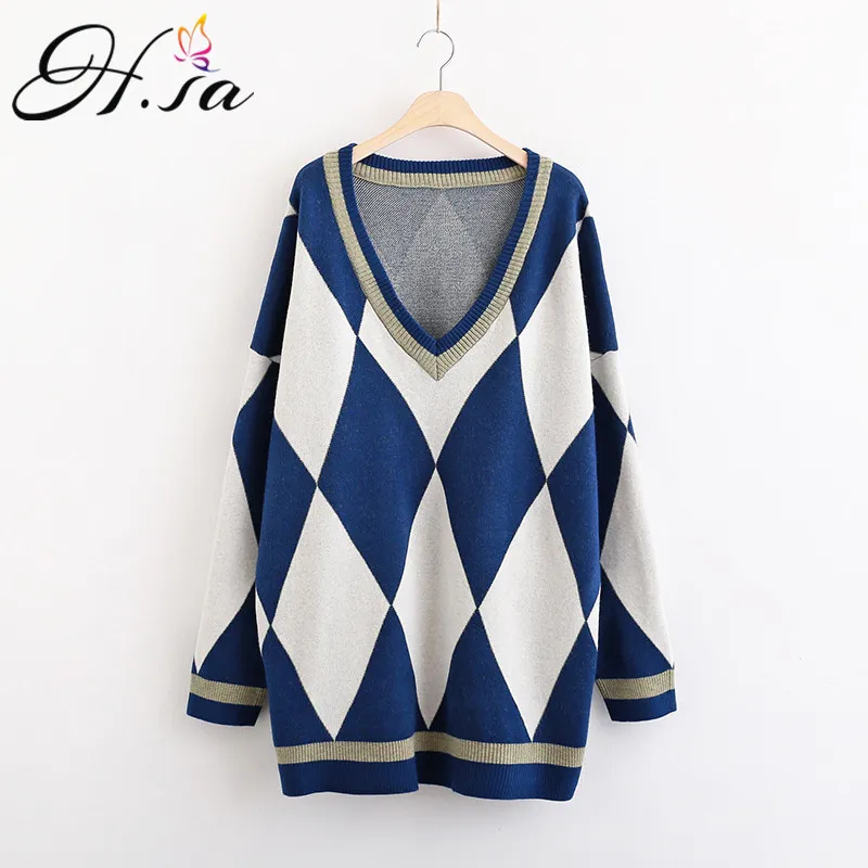 H.SA Frauen Lange Pullover und Pullover Lose Argyle Jumper Übergroßen Strick Pull Femme Vintage Winter Warme Pullover Pullover 210417