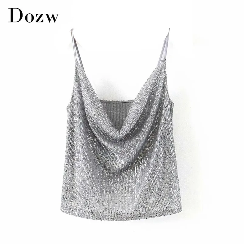 Sexy Diepe V-hals Pailletten Strappy Dames Tops Mode Backless Clubwear Party Camis Dames Zomer Mouwloze Tank Top Ropa Mujer 210515