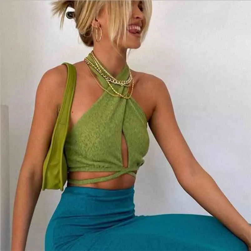 Foridol Knitted Lace Up Tank Camis Sexy Backless Strappy Green Crop Top sin mangas Summer Streetwear Halter Tops 210415