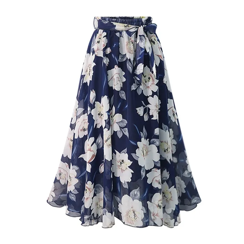 Plus Size Women Chiffon Skirt Europe Fashion Bow Saia Midi Lining Jupe Femme Lace Up Falda Mujer Print Floral Skirts 850E 210420