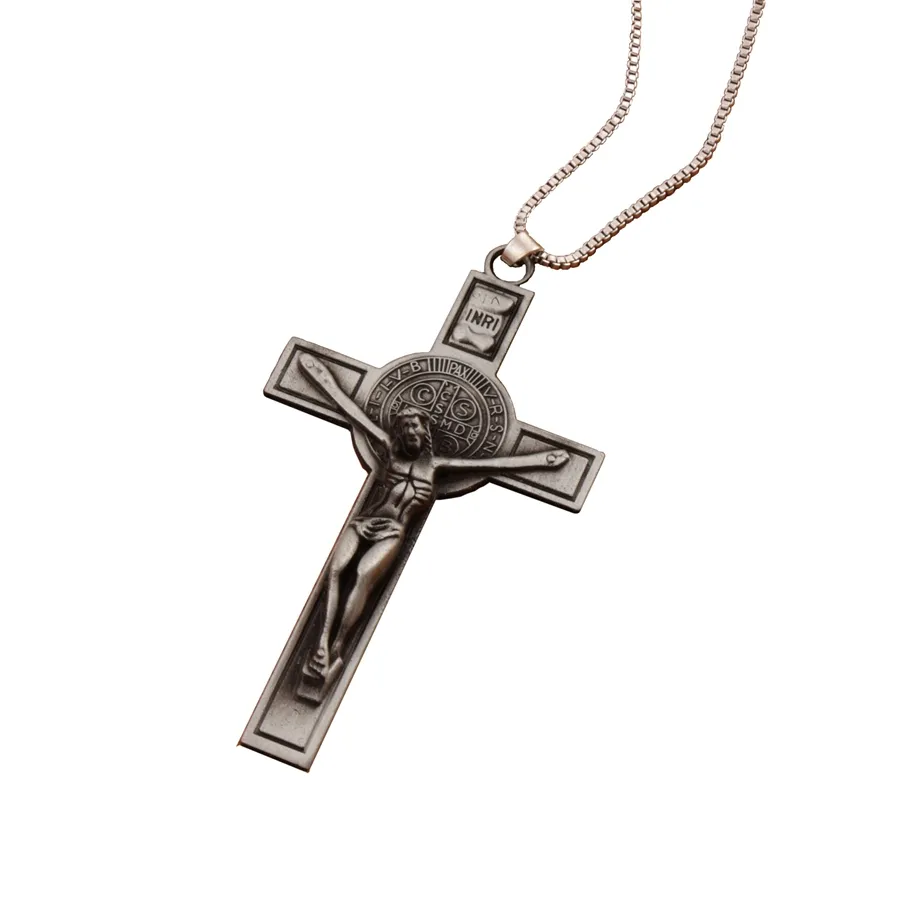 Katholicisme Benedictus Medaille Katholiek Crucifix Bijbel Gebed Cross Hanger Kettingen Ketting 24 inches N1783 21pcs / lot 3 kleuren