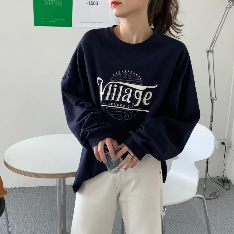 Qooth Autumn Women's Loose Sweatshirts Cotton Letter Medium Length Full Sleeve Coat O Neck Casual Female Student Tops QT212 210518